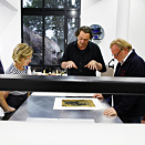 Printer Gunnar Holmgren, Queen Sonja, Kjell Nupen and Ørnulf Opdahl working on the project. Published 25.06 2011. Handout picture from the Royal Court. For editorial use only - not for sale. Photo: Rolf M. Aagaard / the Royal Court.  
